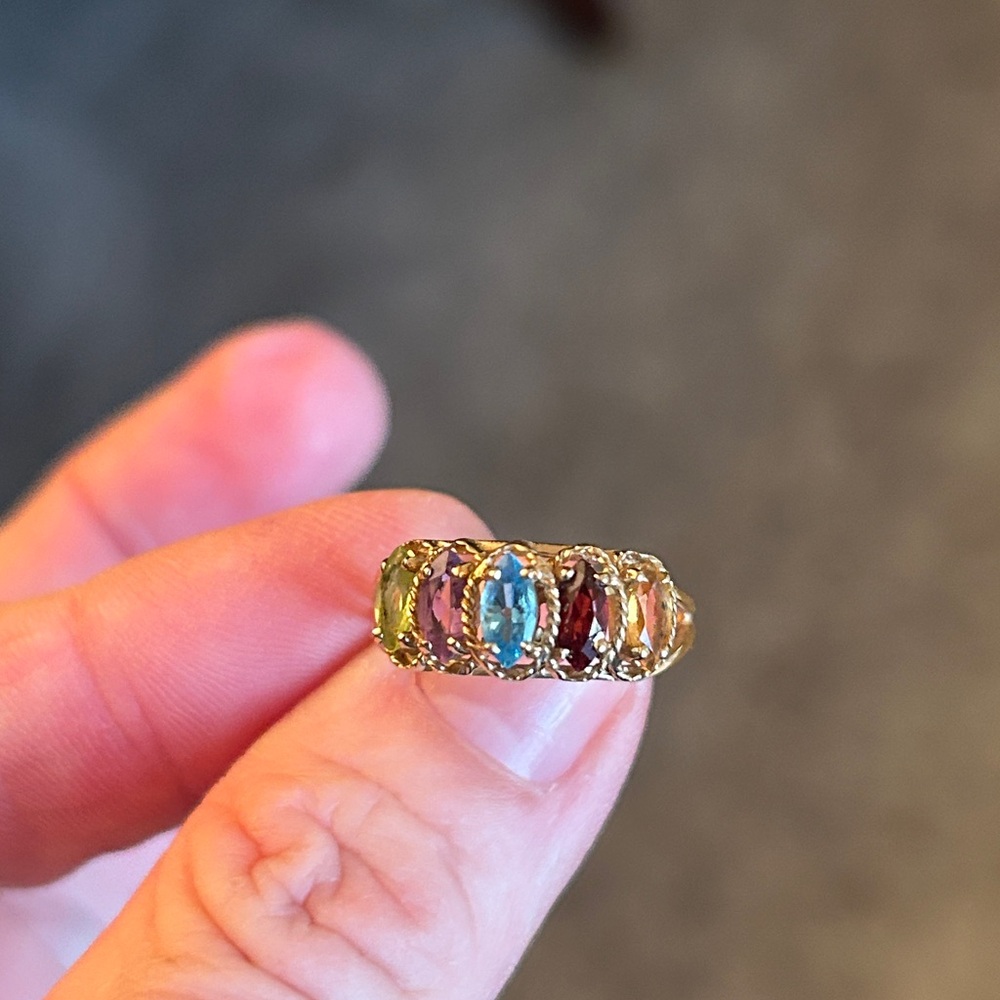 Genuine Peridot, Amethyst, Citrine,Topaz and Garnet in 10k gold ring